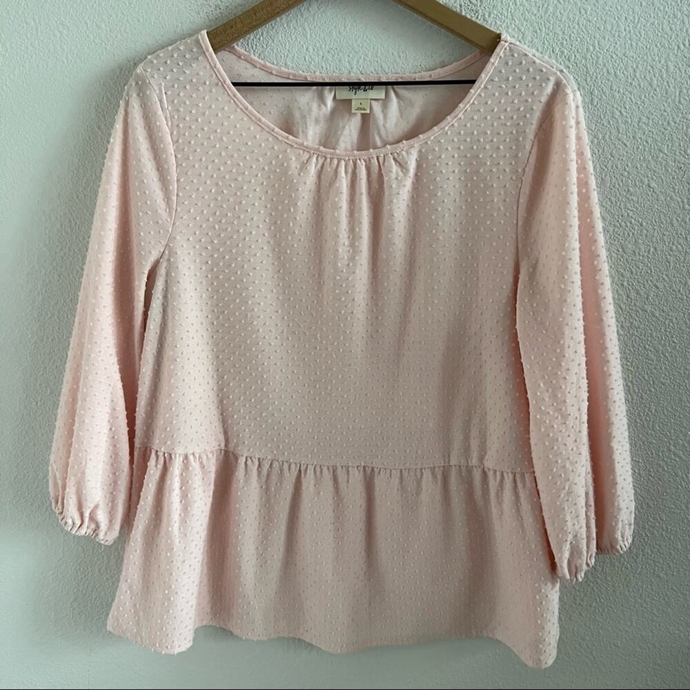 Style & Co Swiss Dot Ballerina Pink Ruffle Peplum Blouse Shirt Top Large